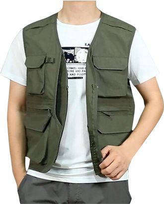 Generic Mens Quick Dry Fishing Vest Outdoor Safari Hiking Travel Cargo Vest Jacket Multi-Pocket Utility Waistcoat Casual Sleeveless Jackets Breathable Work Hi