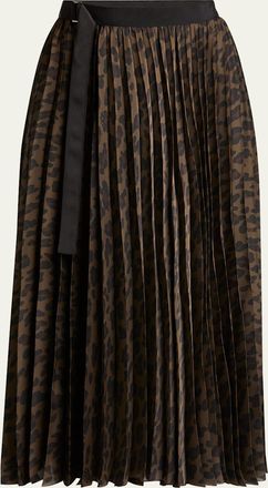 sacai Pleated Leopard Print Belted Midi Skirt