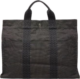 Herm&egrave;s Dark Gray Gray Canvas Handbag Tote Bag (Pre-Owned)