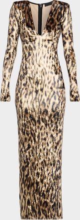 Sally Lapointe Plunging Ocelot-Print Velvet Long-Sleeve Maxi Dress