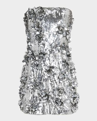 Halston Heritage Leela Strapless Floral Applique Sequin Mini Dress