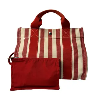 Herm&egrave;s Cream Red Color Canvas Handbag Pouch Tote Bag (Pre-Owned)