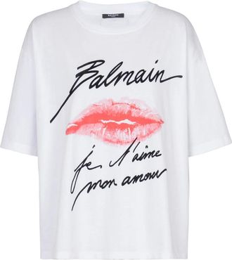 Balmain T-shirt met kusprint en korte mouwen - Dames - T-shirts - Wit - S - Katoen - Tops
