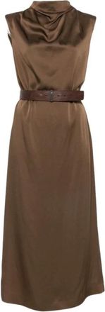 Brunello Cucinelli Midi Jurk met Riem - Dames - Jurken - Bruin - Maat: M Satijn