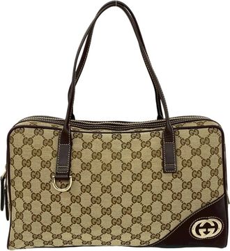 Gucci Brown Canvas Leather Boston Bag Handbag Tote Bag (Pre-Owned)