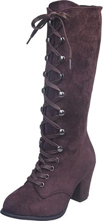 Generic Wide Calf Knee High Boots,Knee High Boots Women,Ladies Chunky Block Heel Lace Up Mid Calf Combat Biker Boots Fall Winter Chunky Mid Heels Suede Boot L