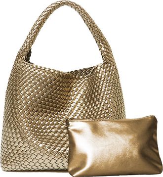 Generic Dyalsa Women 2PCS Woven Handbag, Gold Leather Handbag Large Summer Beach Bag and Purse Handmade Hobo Bag Clutch Bag Set AL-010GD