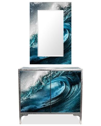 Empire Art Direct Sapphire Sea Reverse Printed Beveled Art Glass Console & Mirror Set