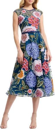 Dress The Population Serenity Floral Embroidery Cocktail Midi Dress in Navy Multi at Nordstrom, Size Xx-Large