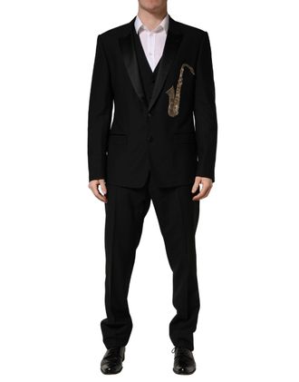 Dolce & Gabbana Mens Black Wool Silk Saxophone Slim Fit 3pc Suit Virgin Polyester