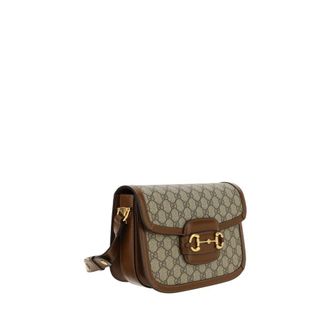 Gucci Womens Horsebit Shoulder Bag Beige Cotton Polyurethane Polyester