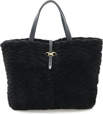 Ferragamo Black Fur Leather Handbag Tote Bag (Pre-Owned)