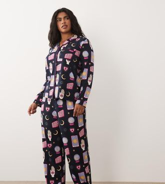 Chelsea Peers set pigiama Curve a maniche lunghe con stampa carte dei tarocchi navy per Halloween-Blu navy