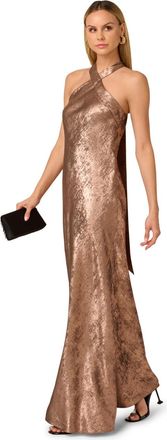 Adrianna Papell Womens Foiled Woven Halter Gown - Brown - Size 12 UK