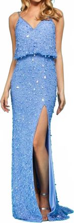 Sherri Hill Blouson Payette Sequin Beaded Gown With Slit In Periwinkle