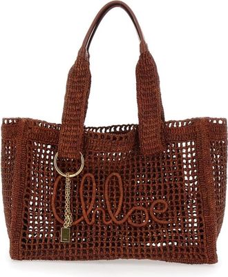 Chlo&eacute; Summer Banana Brown Tote Bag With Lock Detail And Lettering Logo In Raffia For
