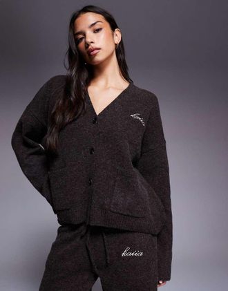 KAIIA Cardigan in maglia marrone con logo ricamato e bottoni in coordinato