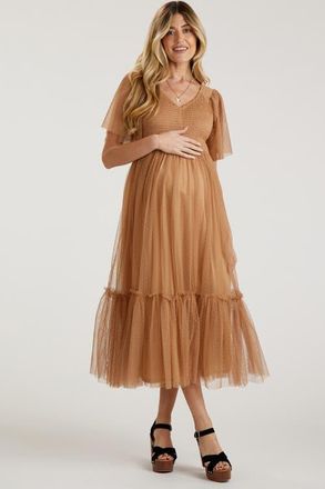 Pinkblush Dotted Tulle Smocked Maternity Midi Dress in Camel at Nordstrom, Size Medium