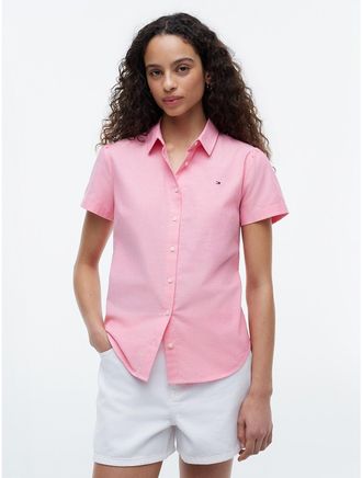 Tommy Hilfiger Womens Short-Sleeve Oxford Shirt - Pink - XXS