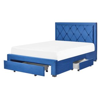 Beliani Cama Con Almacenaje De Terciopelo Azul Marino 140 X 200 Cm Cajones Cabecero Alto Capiton&eacute; Glamuroso Lievin