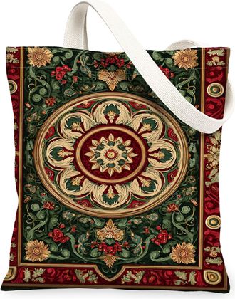 Generic Vintage Floral Canvas Tote Bags, Elegant Plant Design Reusable Grocery Bags, Winter Inspired Washable Shoulder Strap Canvas, Red, 13x15 Inch