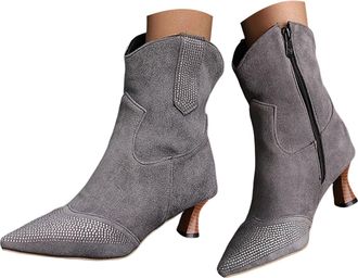 Generic Cowgirl Boots,Rhinestone Cowboy Boots for Women,Glitter Western Cowboy Pointed Toe Rhinestone Ankle Booties Retro Suede Mid Heel Fashion Booties with 