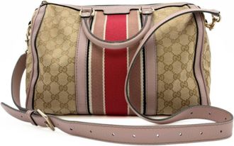 Gucci Sherry Line Beige Pink Canvas Leather Boston Bag (Pre-Owned)