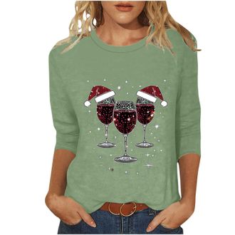 Generic Christmas Tops for Womens Novelty Funny Xmas 3/4 Sleeeve Pullover Lightweight Christmas Tree Sweatshirts Casual Elk Snowman Print Crewneck Blouse Cute