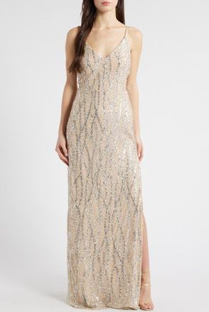 Jump Apparel Sequin & Bead Tie Back Gown in Beige at Nordstrom, Size 11