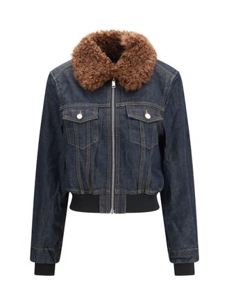 Ganni Detachable Shearling Collar Bomber Jacket - Blue