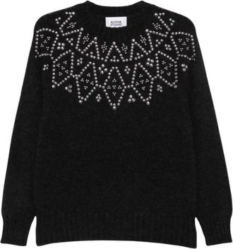 Alpha Studio Trui met Ronde Hals en Studs - Dames - Ronde hals truien - Zwart - M - Truien & Vesten