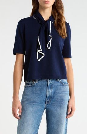 CeCe by Cynthia Steffe Tipped Tie Neck Sweater in Classic Navy at Nordstrom, Size X-Large