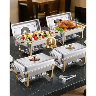OEM Juego De Calentador De Alimentos De Acero Inoxidable Con 4 Recipientes De Tama&ntilde;o Completo(7,5 L Cada Uno), Rectangular, Con Tapa Visible Y Soporte Par