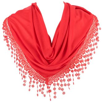 Hat To Socks Triangle Scarf with Bobbin Lace Fringes for Women (Red)
