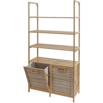 Hhg [nunca Usado] Armario De Ba&ntilde;o De Bamb&uacute; Hhg-592, Estanter&iacute;a, Armario De Ba&ntilde;o, 2 Cestas Para La Ropa Sucia, 4 Estantes, Certificado Mvg, 168 X 81 X 33 C