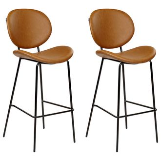 Beliani Conjunto De 2 Sillas De Bar Piel Sint&eacute;tica Hierro Patas Negras Tapas Sin Reposabrazos Dise&ntilde;o Retro Asientos Comedor Marr&oacute;n Dorado Luana
