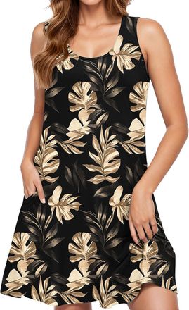 Generic Summer Dresses for Women UK Sleeveless Crew Neck Mini Dress Casual Loose Floral Print Cami Dress with Pocket Strap Party Vacation Dress Baggy Beach Sh