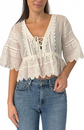 LoveShackFancy Lucce Three Quarter Sleeve Top In Optic White