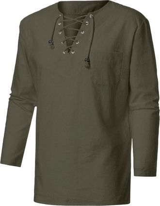 Generic Pirate Shirt Kilt Hat Adult Cosplay Loose Fit Drawstring Mandarin Neck Henley Tops for Halloween Medieval Costume Men Knight Viking Helmet Corset 1-Ar