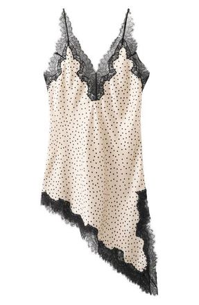 Mango Silver Polka Dot Lace Trim Satin Top in Ecru at Nordstrom, Size Medium