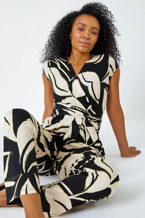 Roman Leaf Print Stretch Jumpsuit