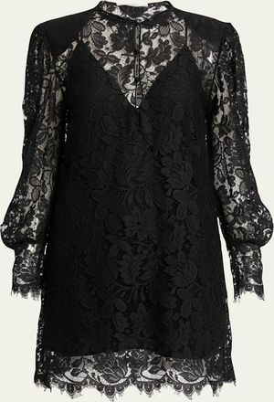 Chlo&eacute; Floral Lace Strong-Shoulder Long-Sleeve Dress