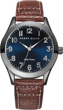 Perry Ellis Easy Read Leather Strap Solar Watch, 41mm in Blue/Gunmetal at Nordstrom Rack