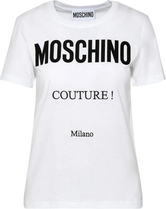 Moschino Katoenen T-Shirt met Ronde Hals en Geborduurd Logo - Dames - T-shirts - Wit - M - Katoen - Tops