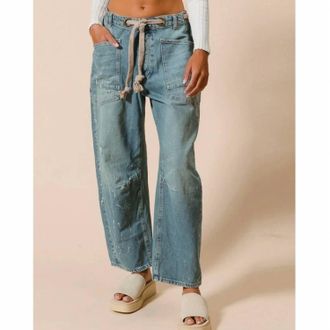 Bibi Paint Splatter Button Fly Denim Pants With Braided Belt Detail In Blue