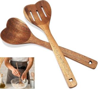 OEM Juego De 2 Cucharas De Cocina De Madera Con Forma De Coraz&oacute;n Y Mangos Largos De Madera De Acacia