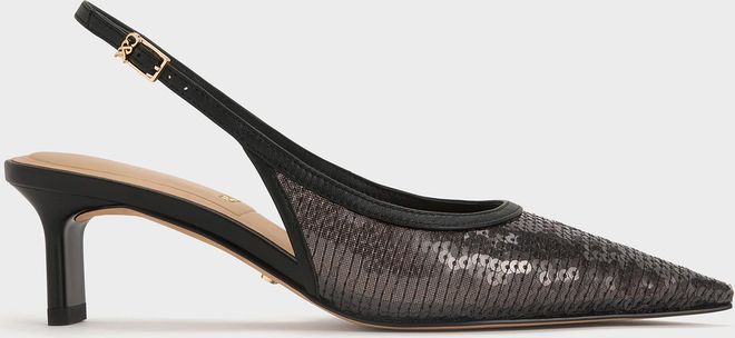 Sequin Mesh & Leather Slingback Kitten Heels