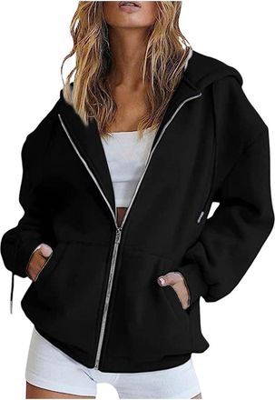 Generic Hoodies for Women Uk Ladies Full Zipper Hoody Sweatshirts Oversized Hoodie Jackets Casual Long Sleeve Plain Pullover Fashion Cardigans Tops Loose Fit 