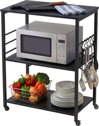 Relaxdays Relaxdays Carrito De Cocina, 3 Estantes, 6 Ganchos En S, Alto X Ancho X Fondo 89 X 60 X 40 Cm, Mdf Y Acero, Negro