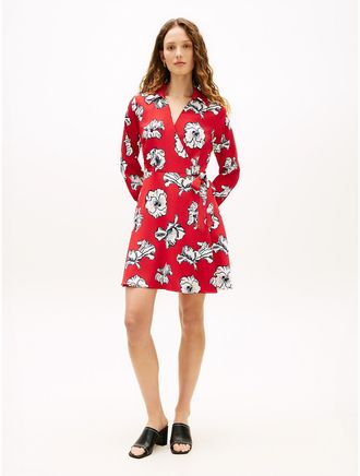 Tommy Hilfiger Womens Floral Print Crepe Wrap Dress - Red - XXL